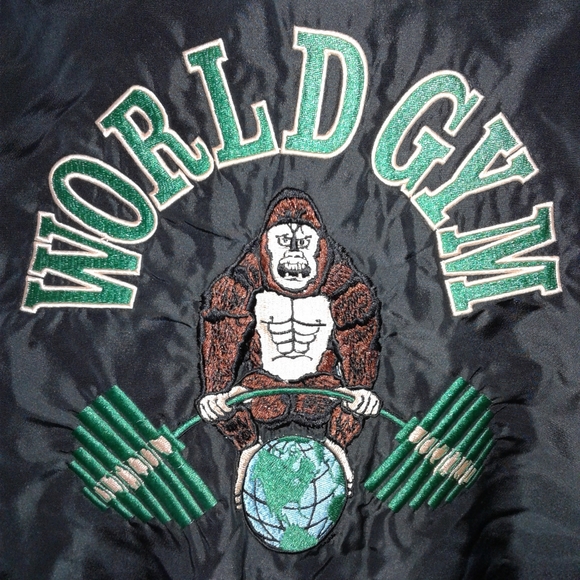 RARE Tony Nowak Embroidered bomber crop Jacket World Gym Gorilla 90's Sz L - Picture 2 of 8